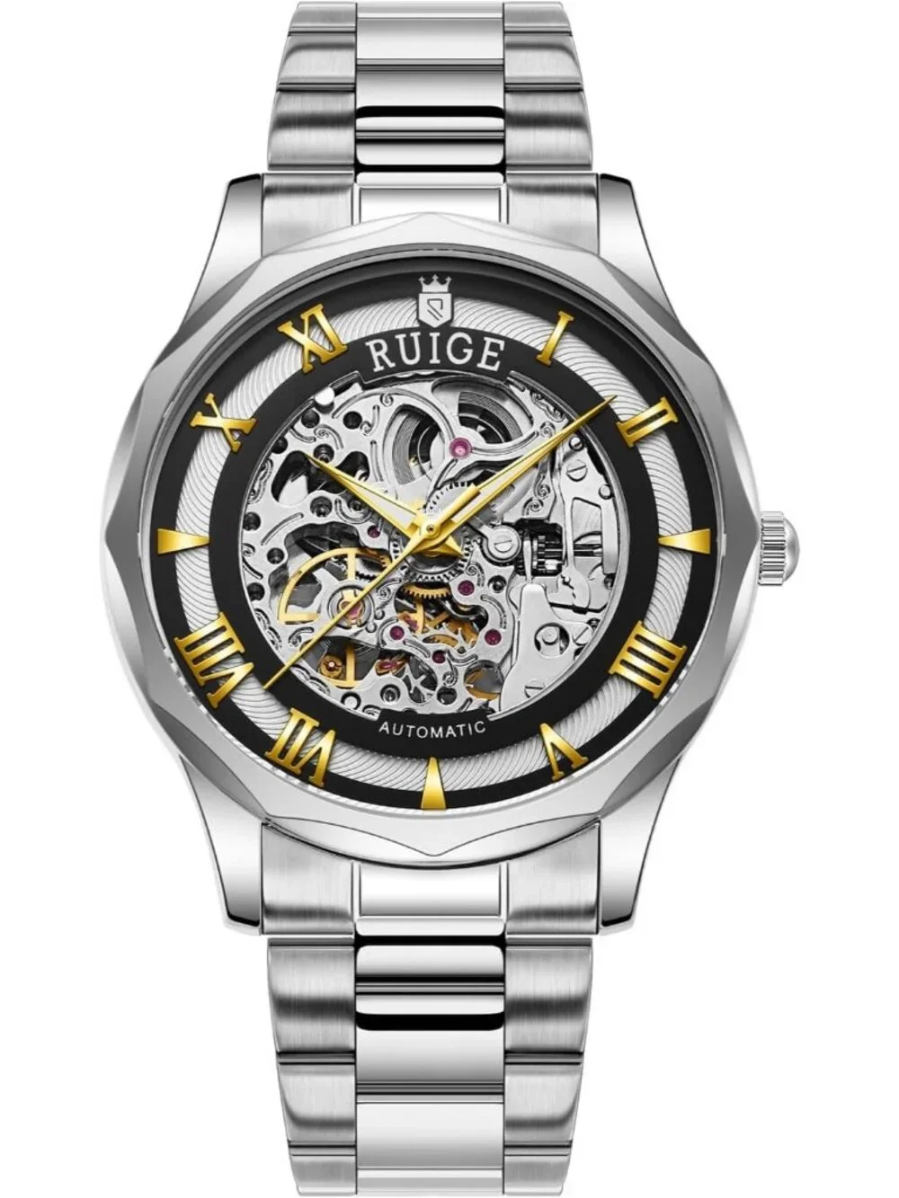 Men's Gold White Fully Automatic Stainless Steel Waterproof Fashion Trend Watch